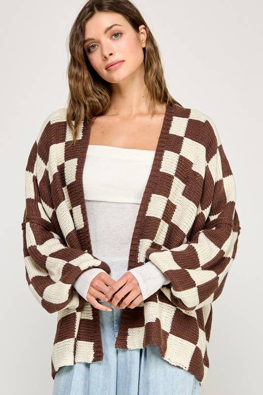 Checkered Drop Shoulder Cardi