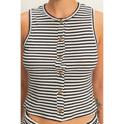 Striped Button-Front Crew Neck Sleeveless Top