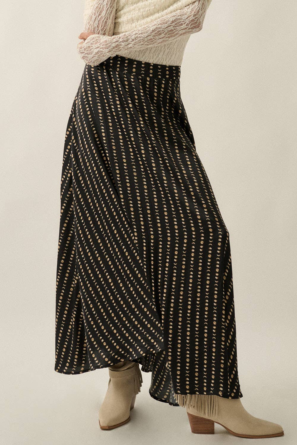 Moon-Print Satin A-Line Maxi Skirt