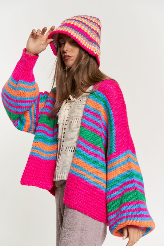 Chunky Knit Multi-Striped Open Sweater Cardigan