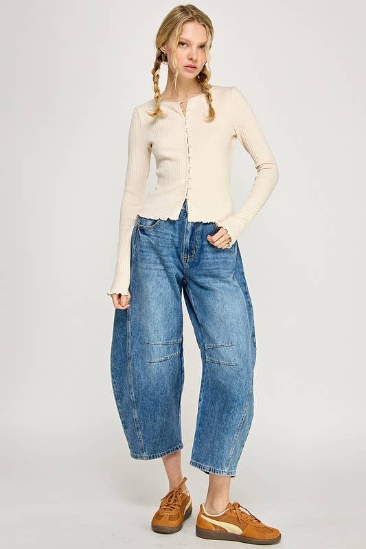 Ribbed Stretch Long Sleeve Button Up