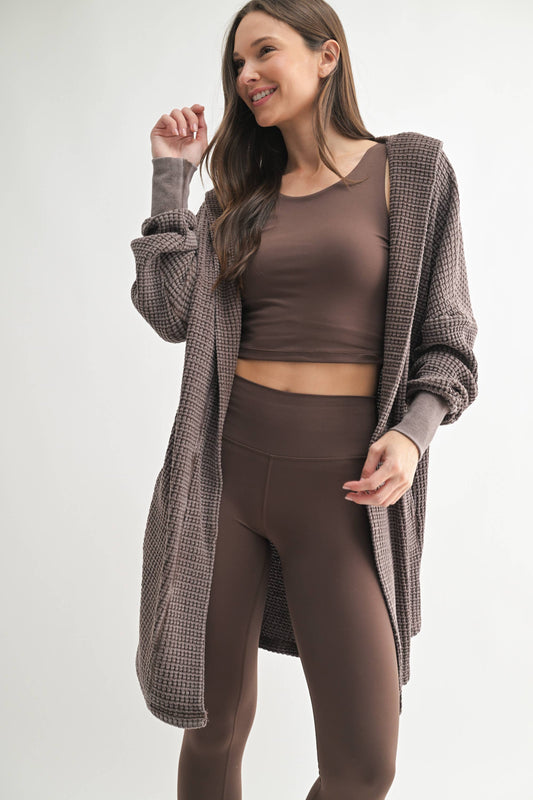Chunky Waffle Mineral Wash Hooded Open Cardigan