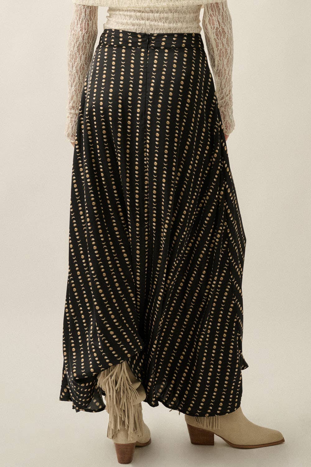Moon-Print Satin A-Line Maxi Skirt