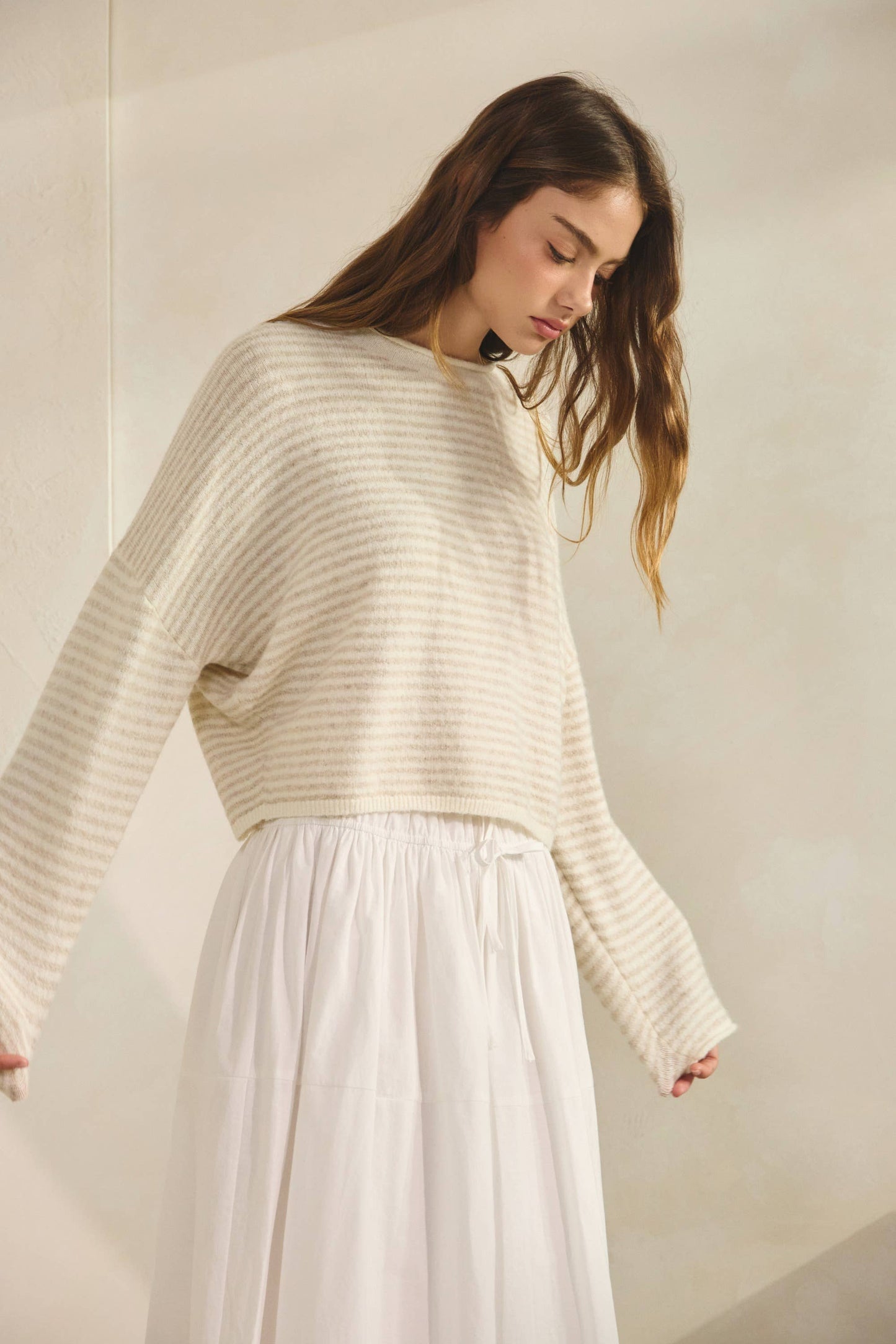 NSW3073 Babe Striped Roll Up Neck Sweater-ECRU