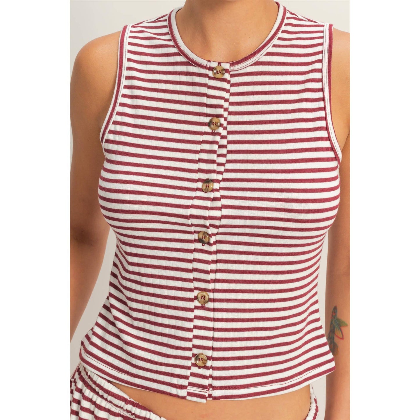 Striped Button-Front Crew Neck Sleeveless Top