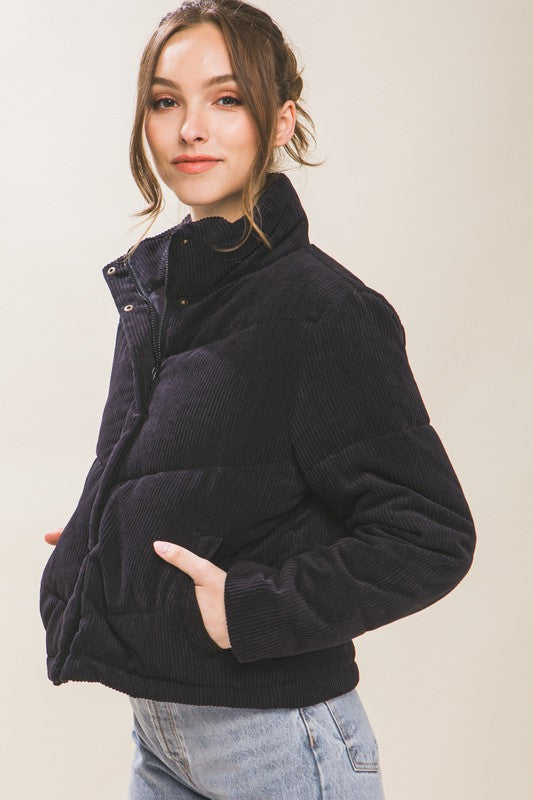 Corduroy Puffer Jacket with Toggle Detail