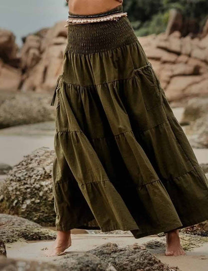 Boho Smocking Pocket Ruched Maxi Skirt