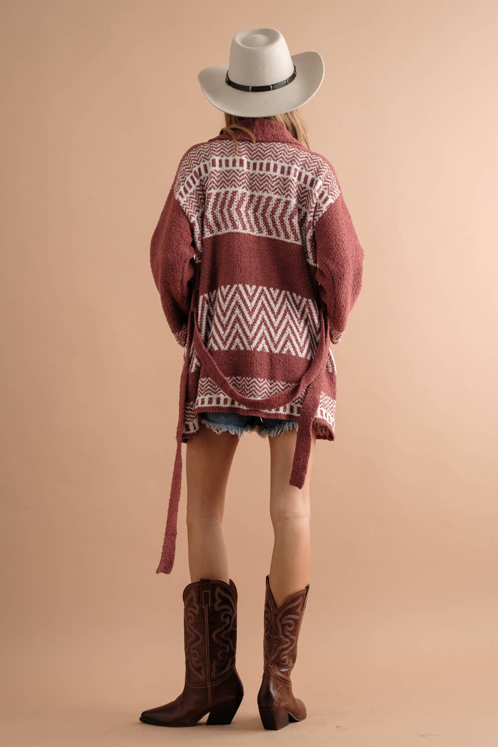 17394W - Cozy Aztec Pattern Pocket Front Tie Open Cardigan