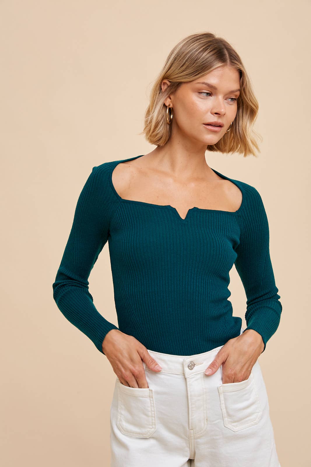 Ribbed Notched V Neck Long Sleeve