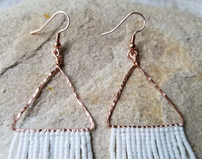 hand hammered copper triangle earring close up