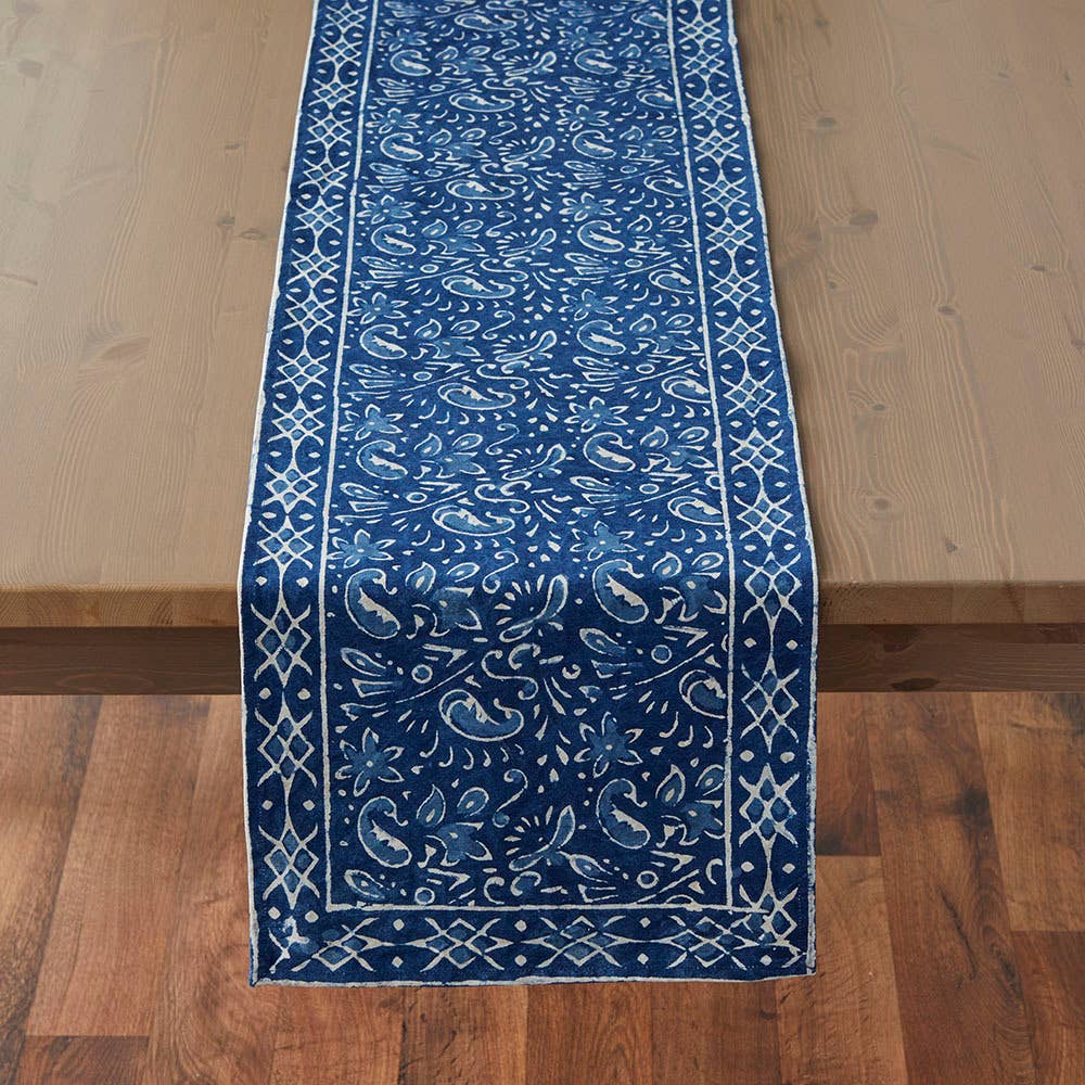 Indigo Dabu Paisley Block Print Table Runner