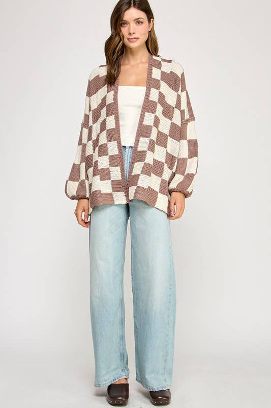 Checkered Drop Shoulder Cardi