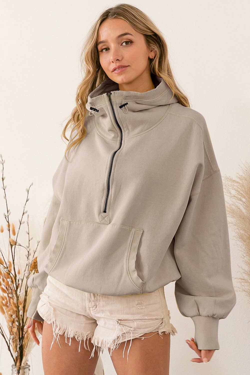 Drawstring Waist Zipped Hoodie w/Pocket