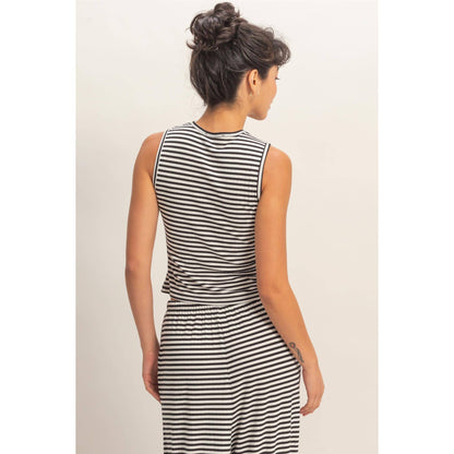 Striped Button-Front Crew Neck Sleeveless Top