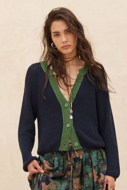 Ribbed Knit Contrast Cardigan Sweater