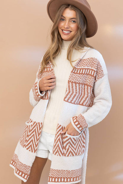 17394W - Cozy Aztec Pattern Pocket Front Tie Open Cardigan