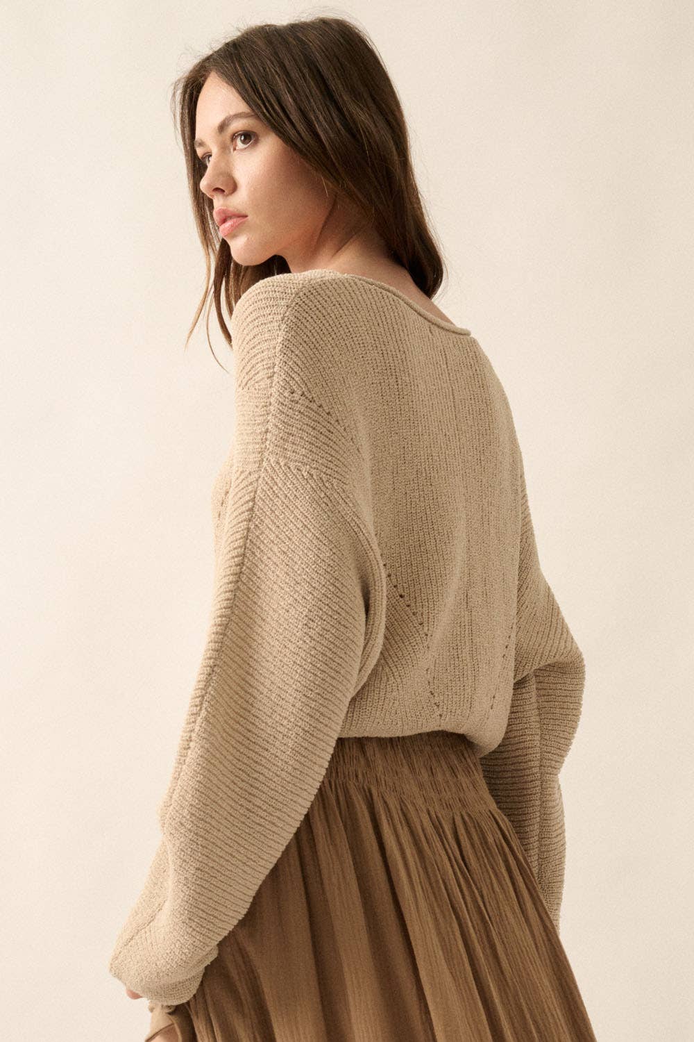 Simple Rib-Knit Dolman-Sleeve Sweater