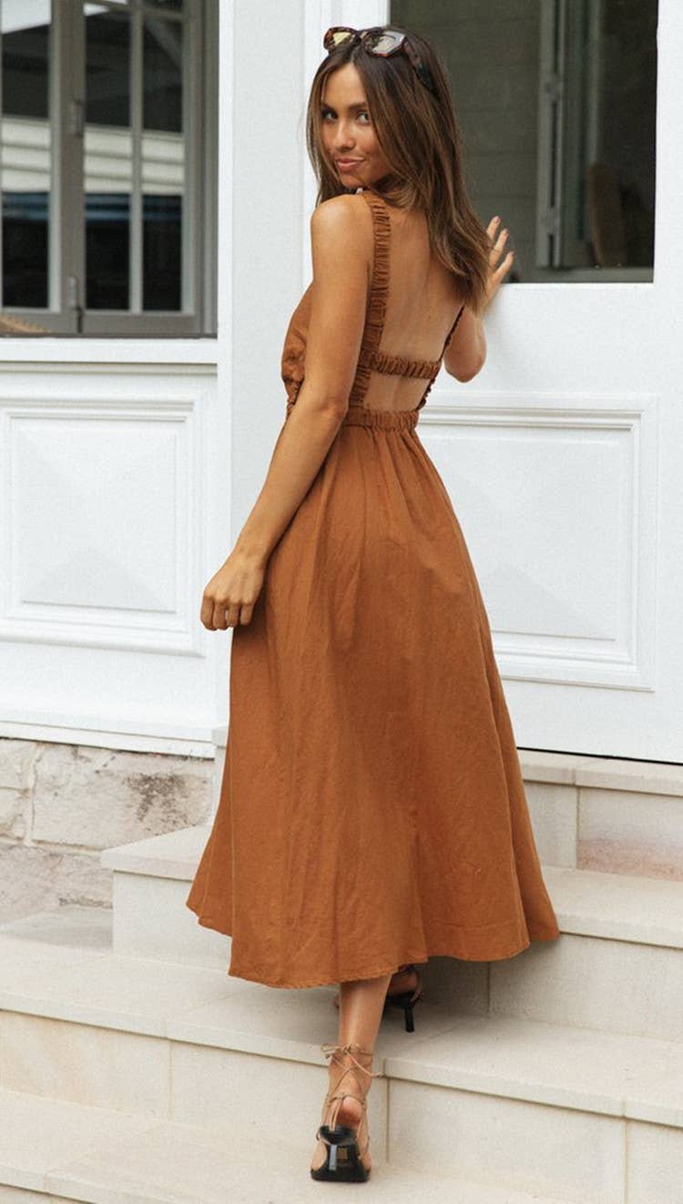 Elastic Strap Back Sleeveless Midi Dress