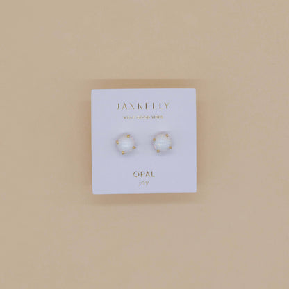 Round - White Opal Gemstone - Gold Earrings