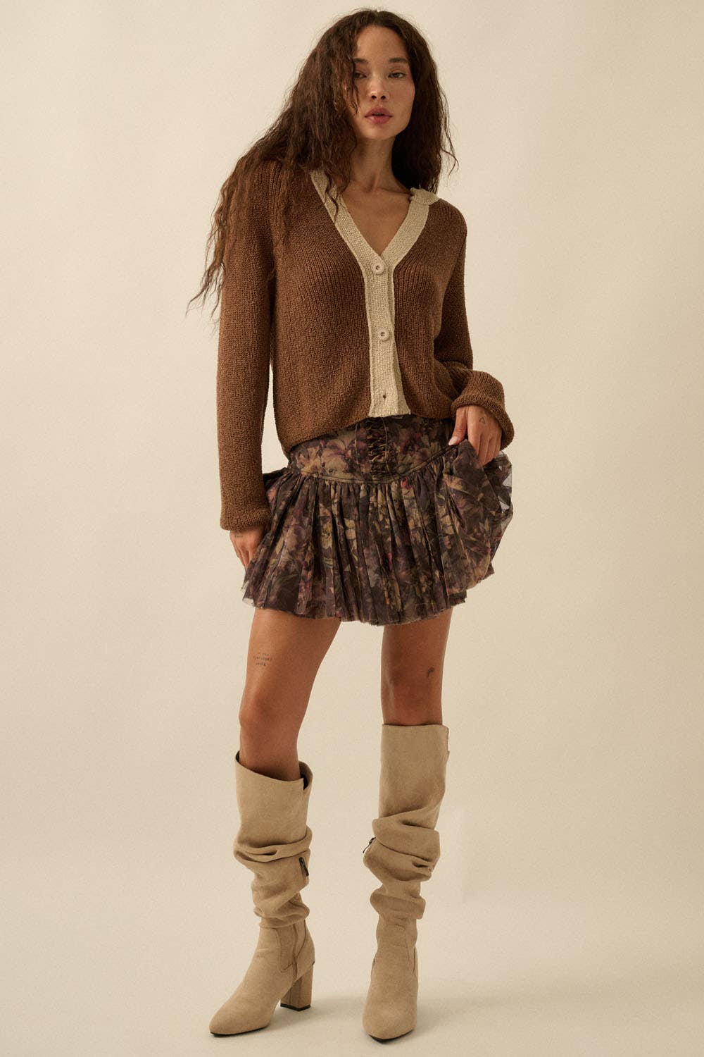 Ribbed Knit Contrast Cardigan Sweater