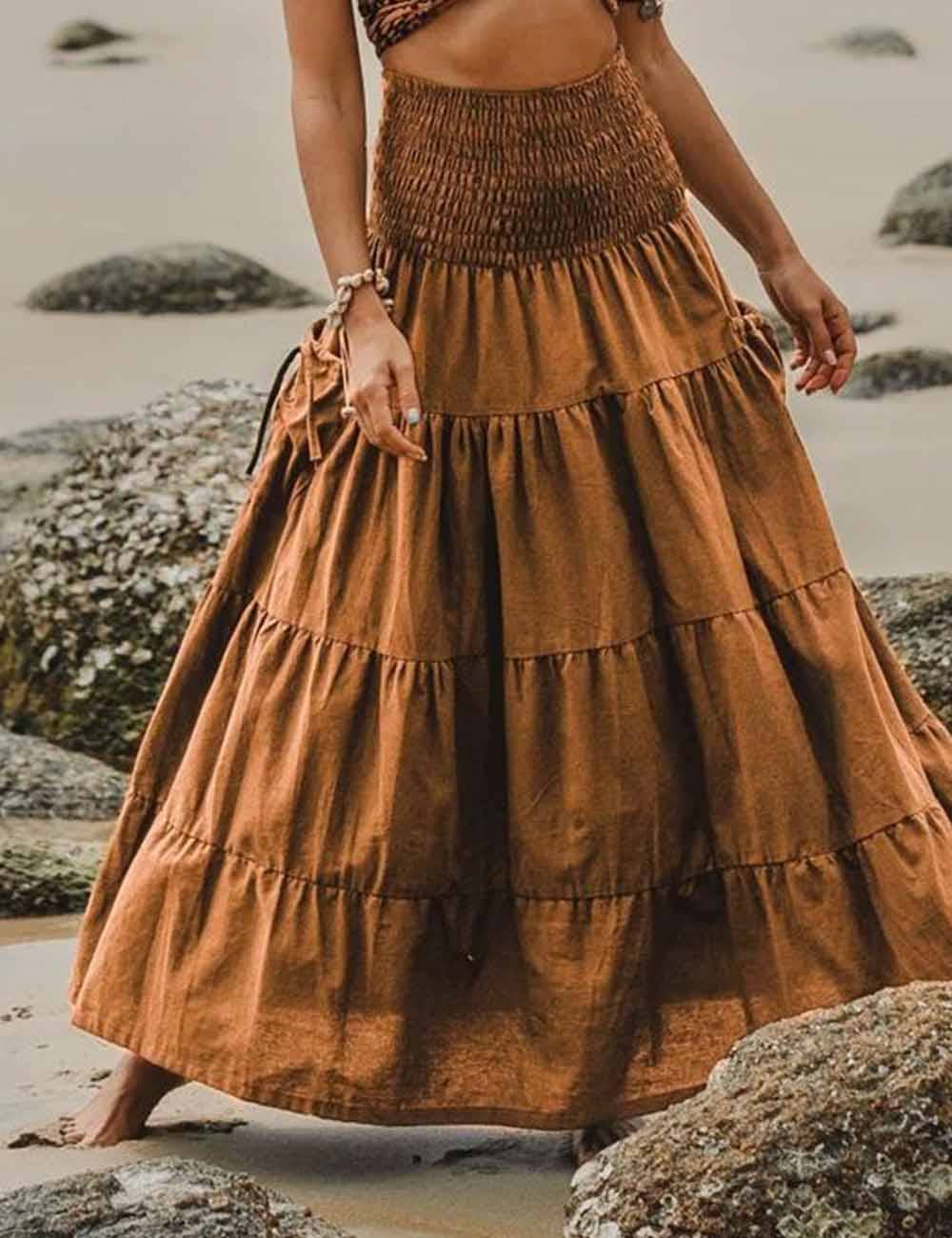 Boho Smocking Pocket Ruched Maxi Skirt