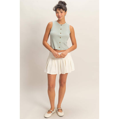 Striped Button-Front Crew Neck Sleeveless Top