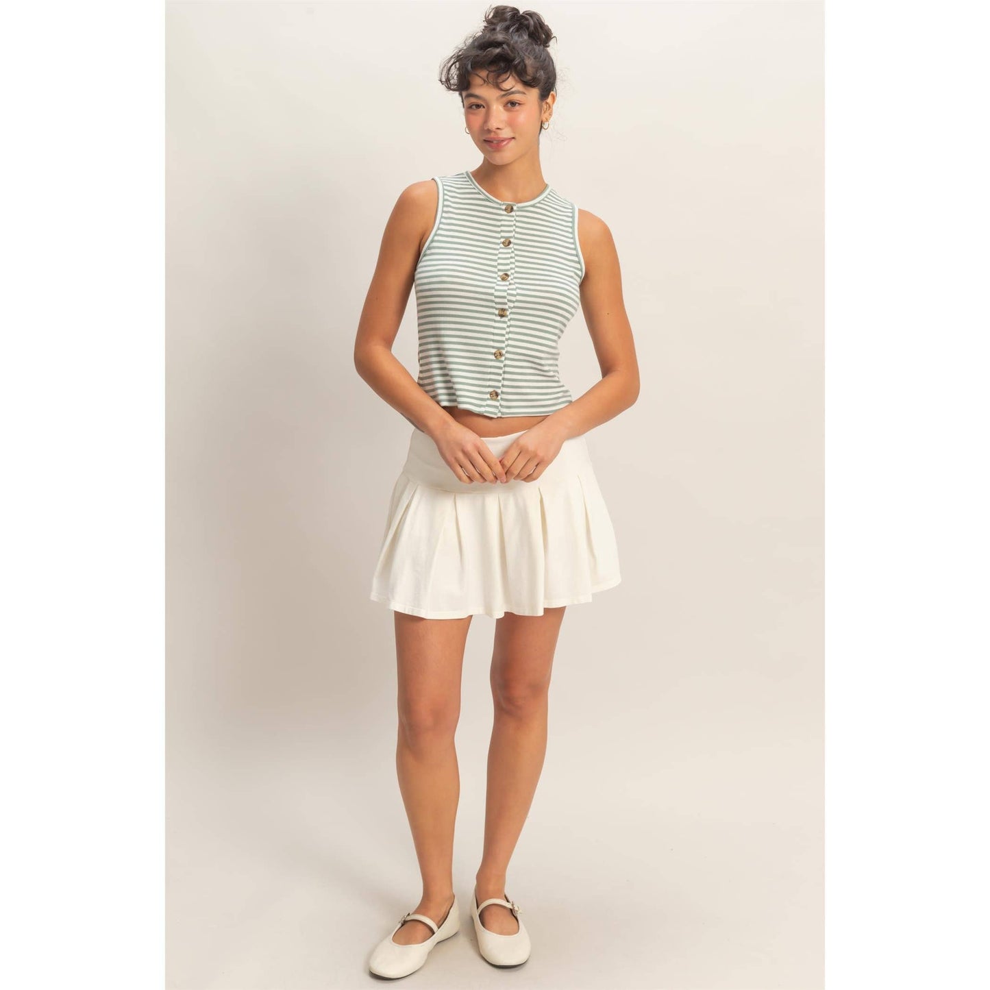 Striped Button-Front Crew Neck Sleeveless Top