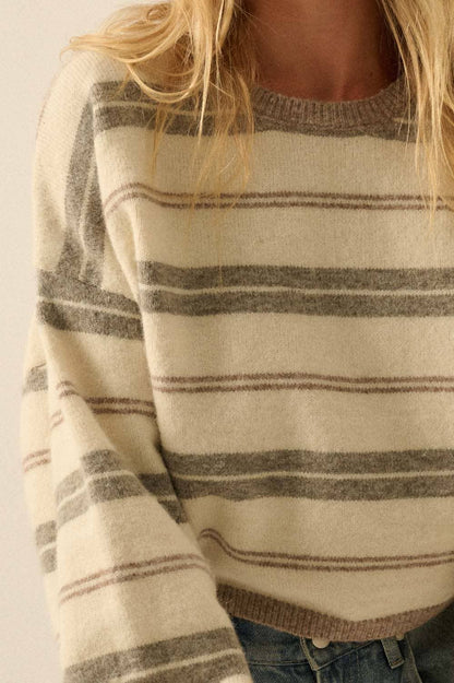 Striped Knit Dolman-Sleeve Loose-Fit Sweater