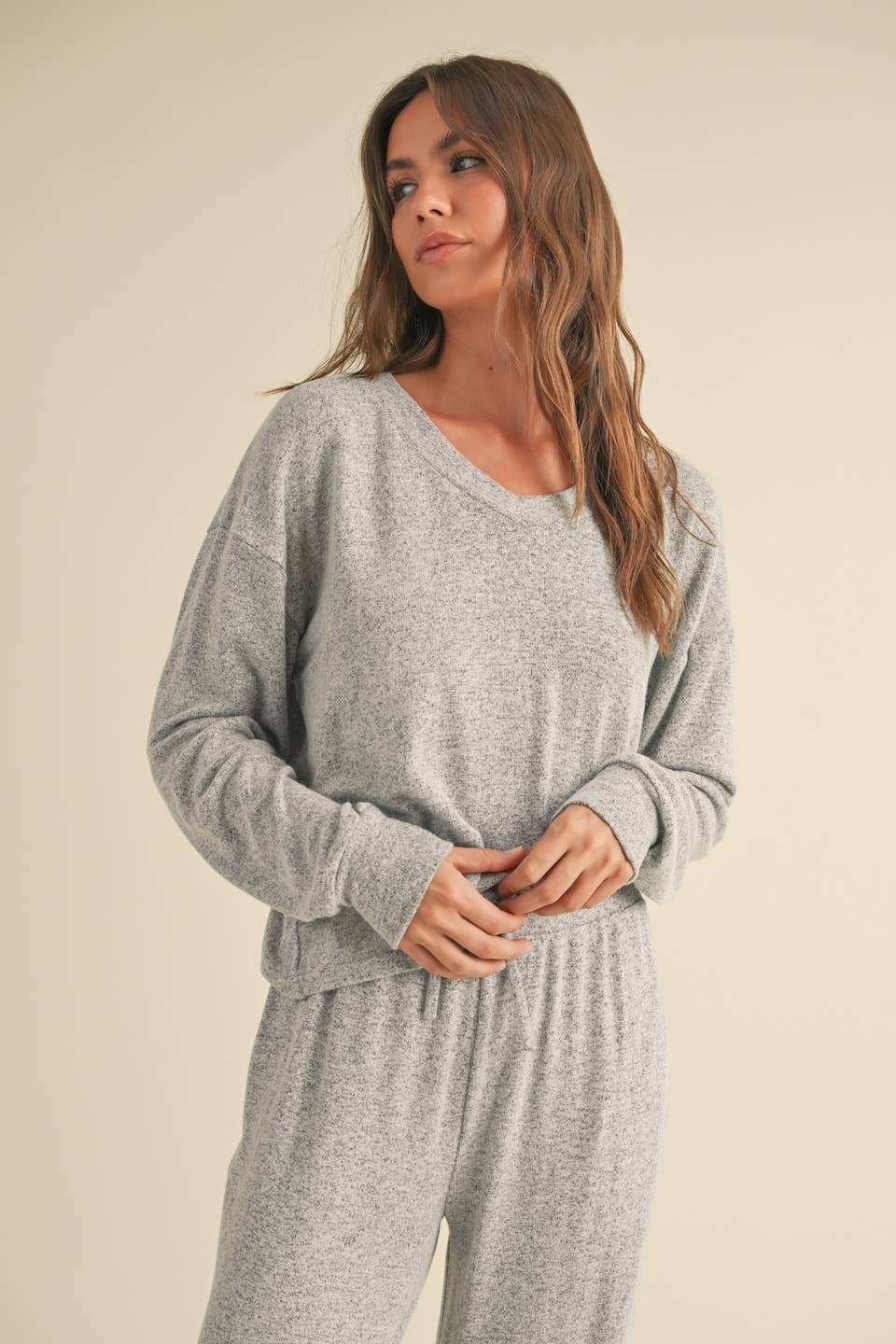 Brushed Hacci Long Sleeve V Neck Top