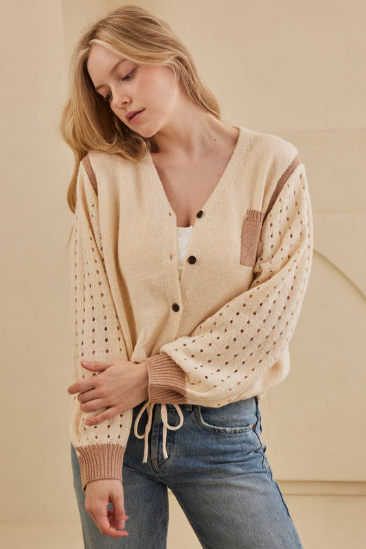 V Neck Button Down Cardigan with Crochet Sleeve