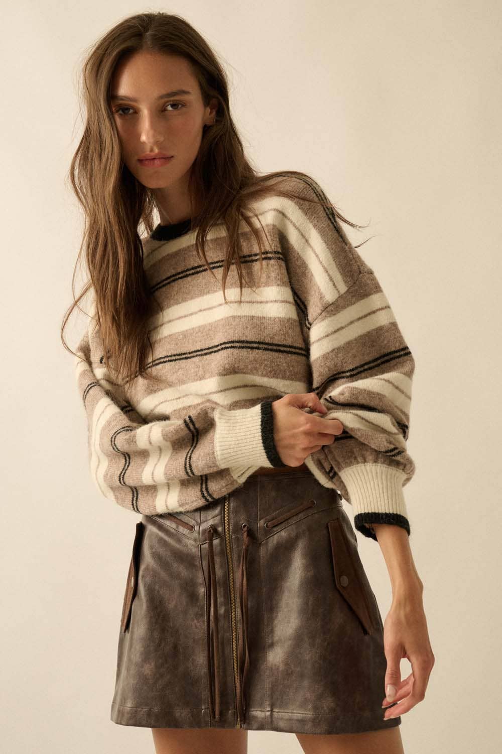 Striped Knit Dolman-Sleeve Loose-Fit Sweater