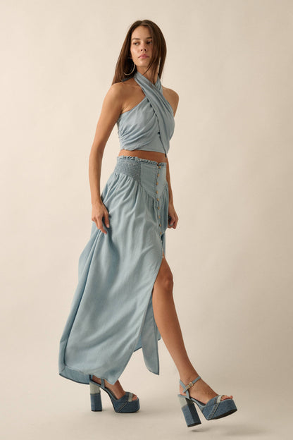 Smocked Denim Button-Front Maxi Skirt