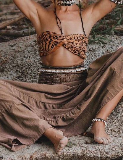 Boho Smocking Pocket Ruched Maxi Skirt