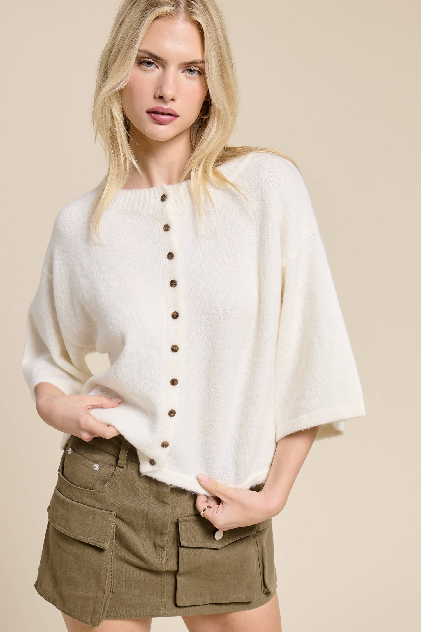 Wide Sleeve Button Front Knit Cardi