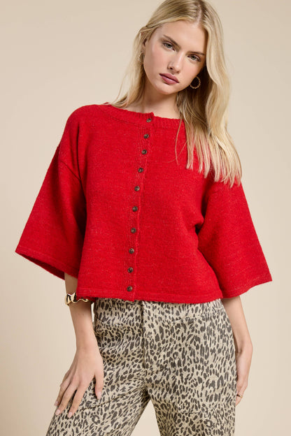 Wide Sleeve Button Front Knit Cardi