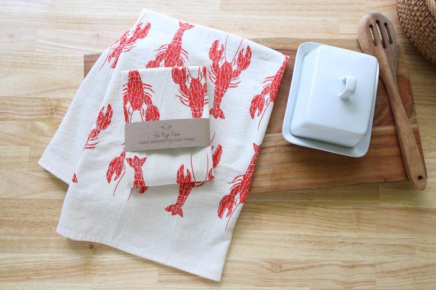 Lobster Kitchen Towel, Handprinted Coastal Towel