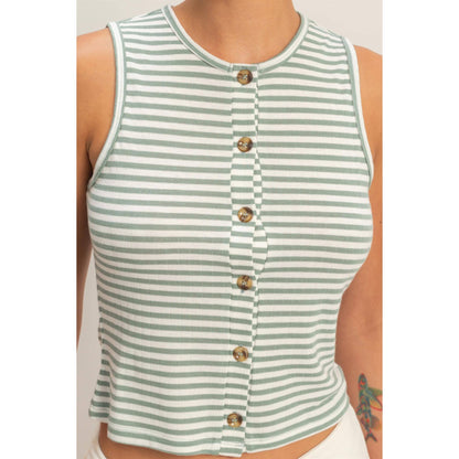 Striped Button-Front Crew Neck Sleeveless Top