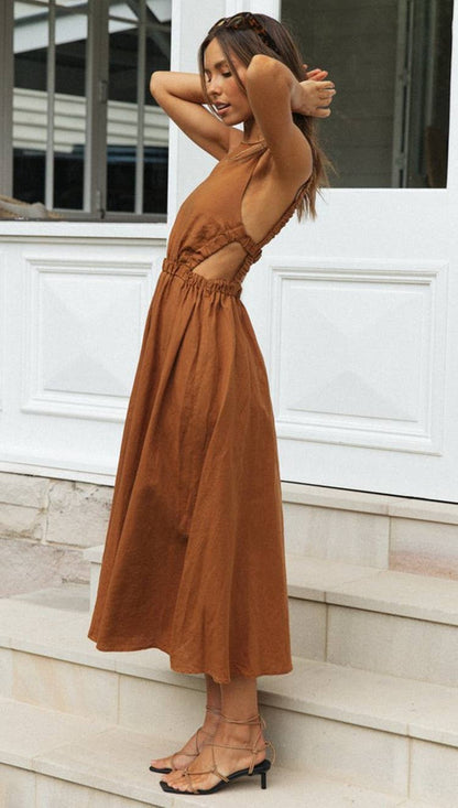 Elastic Strap Back Sleeveless Midi Dress