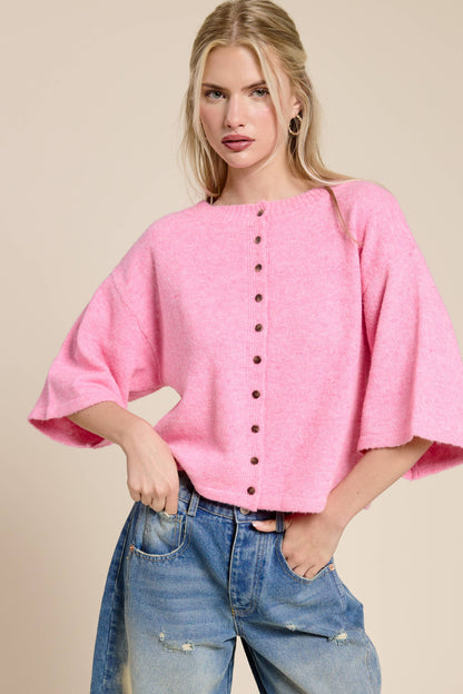 Wide Sleeve Button Front Knit Cardi