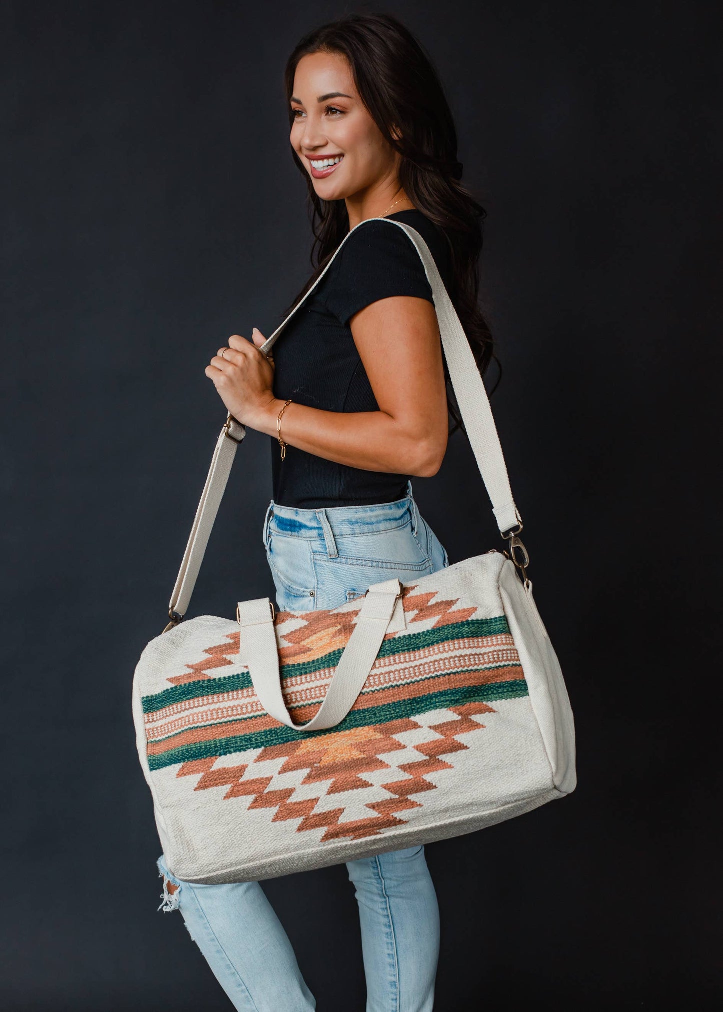 Cream, Rust & Green Aztec Duffel