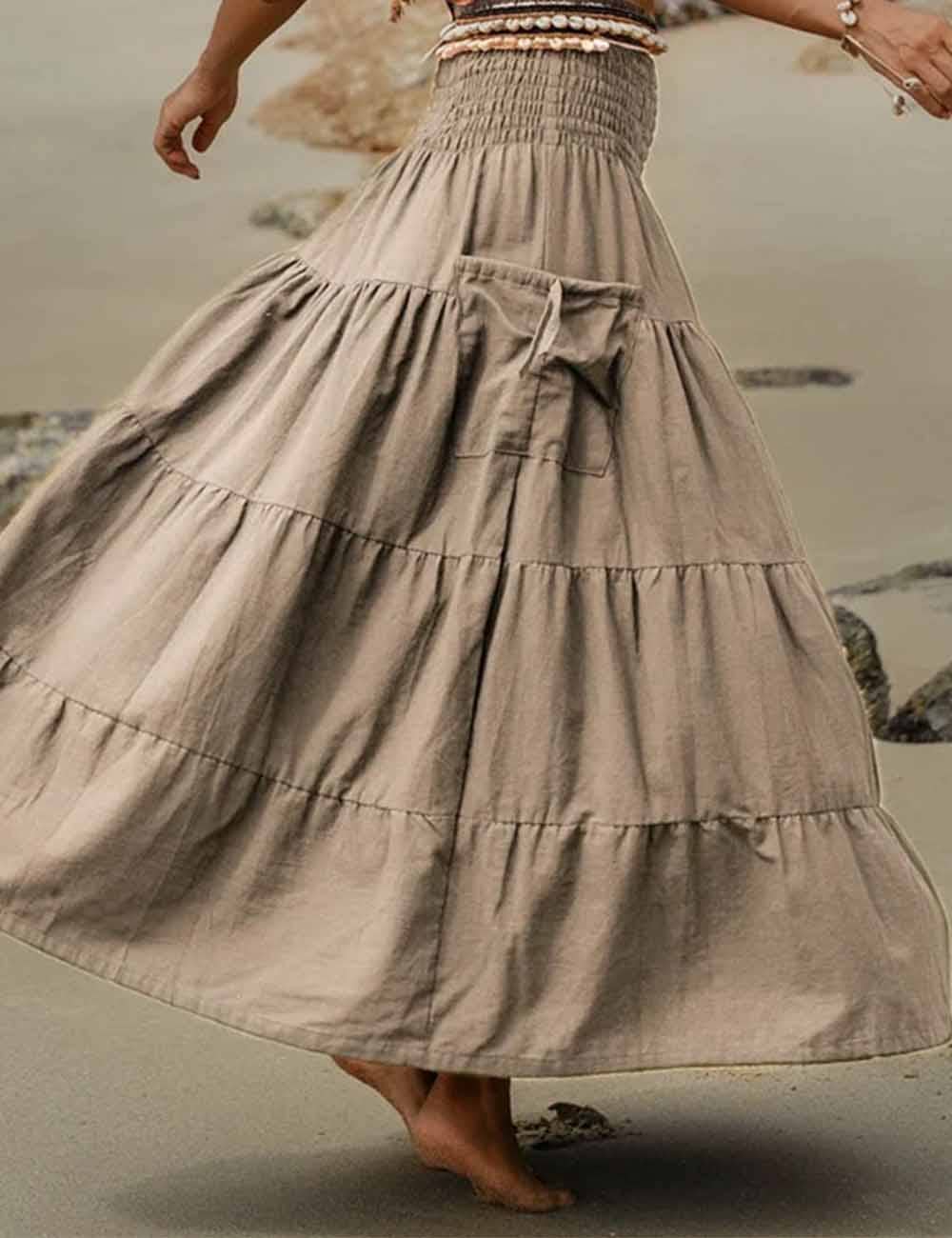 Boho Smocking Pocket Ruched Maxi Skirt