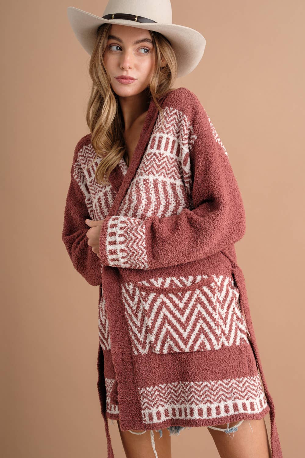 17394W - Cozy Aztec Pattern Pocket Front Tie Open Cardigan