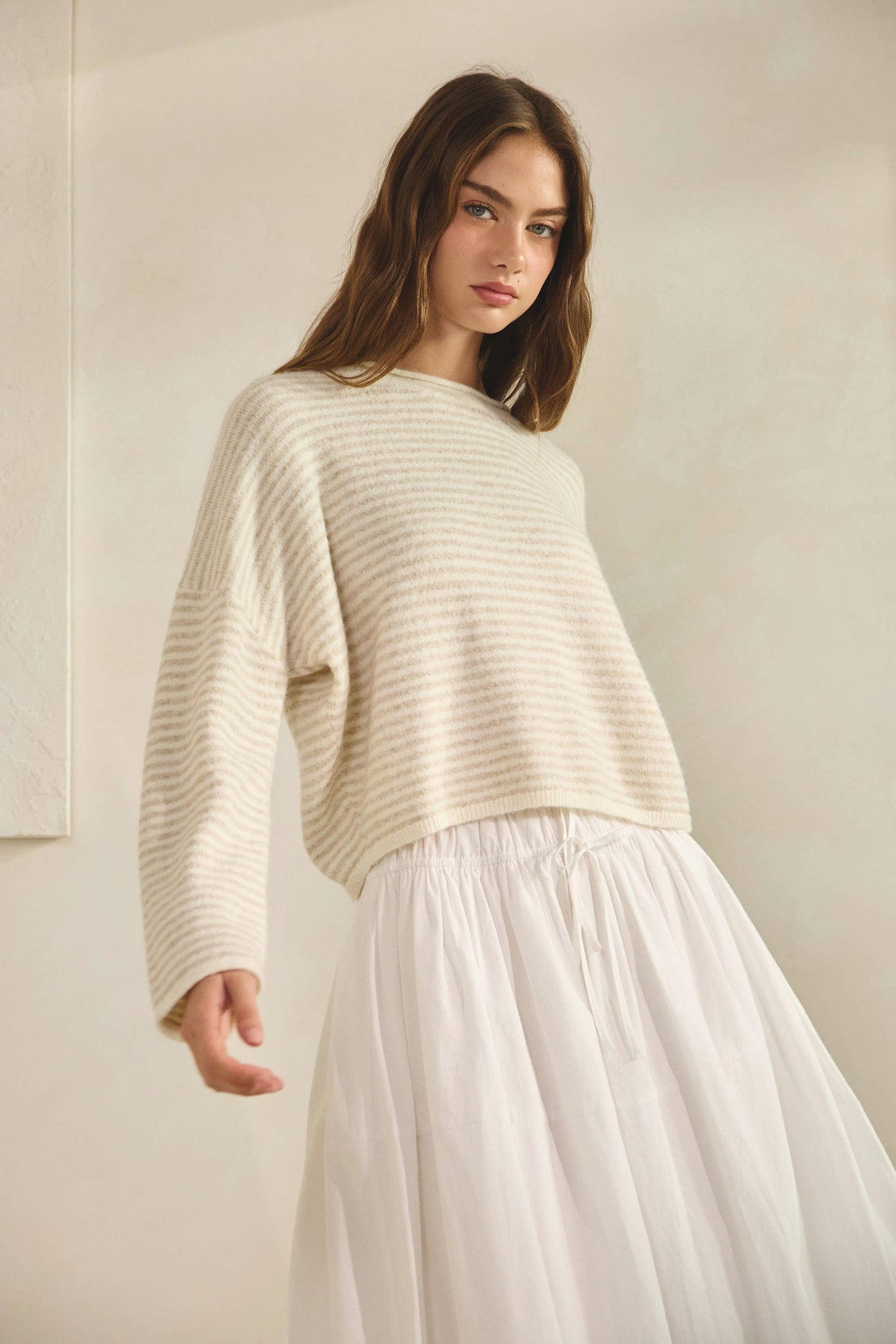 NSW3073 Babe Striped Roll Up Neck Sweater-ECRU