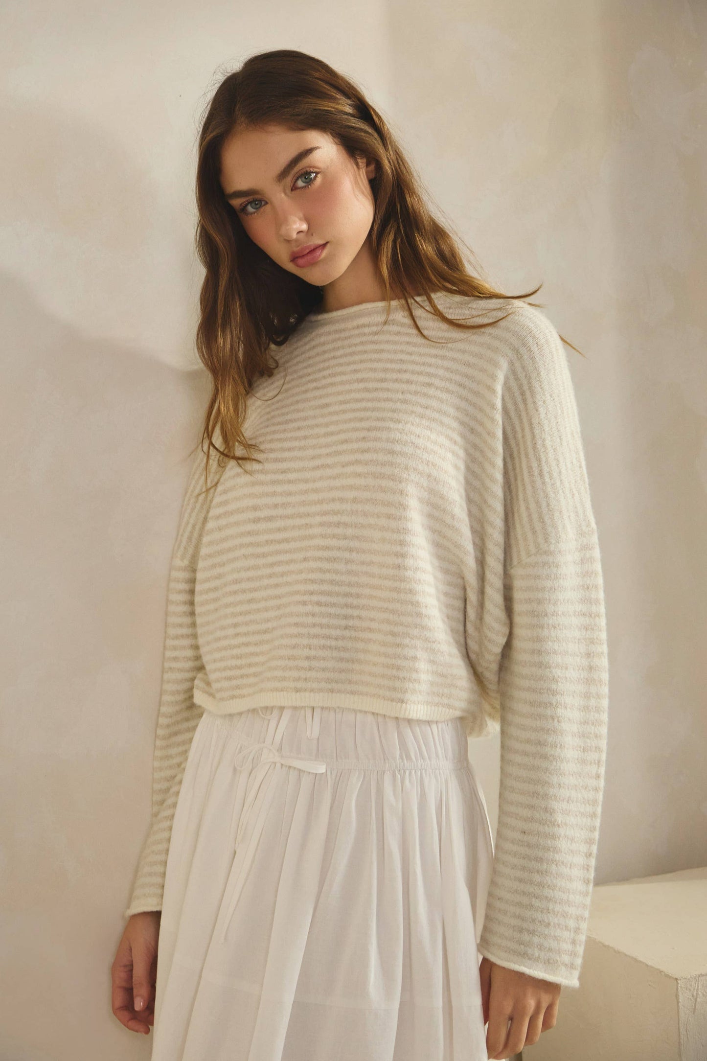 NSW3073 Babe Striped Roll Up Neck Sweater-ECRU