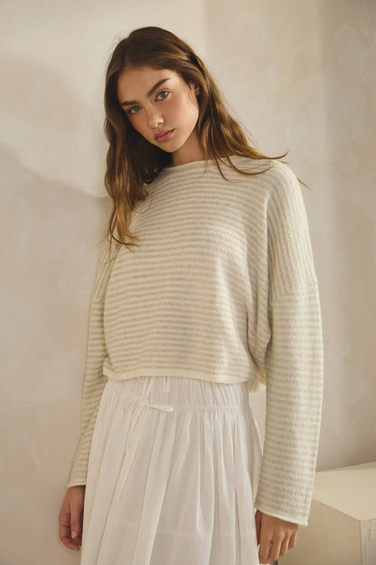 NSW3073 Babe Striped Roll Up Neck Sweater-ECRU
