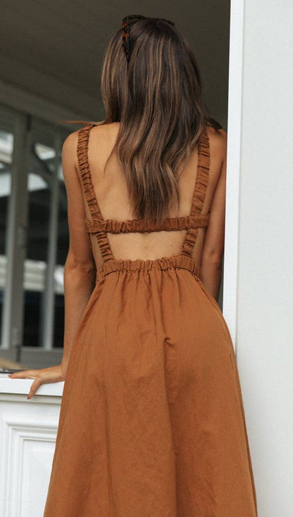 Elastic Strap Back Sleeveless Midi Dress