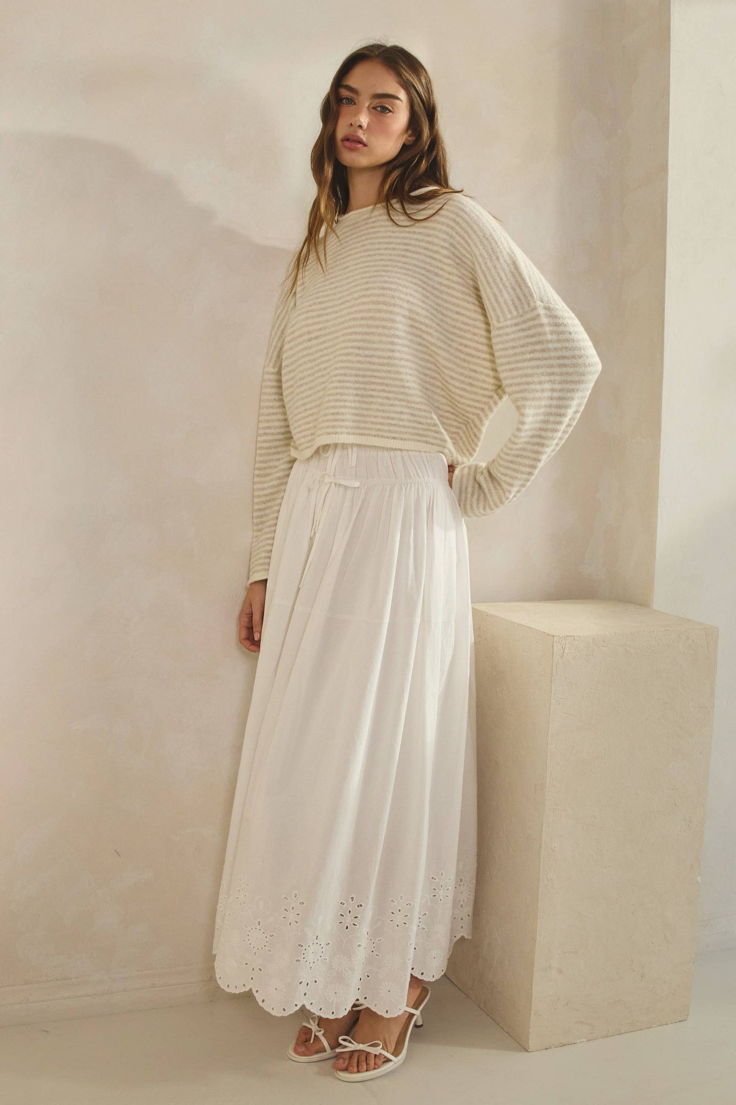 NSW3073 Babe Striped Roll Up Neck Sweater-ECRU