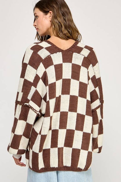Checkered Drop Shoulder Cardi