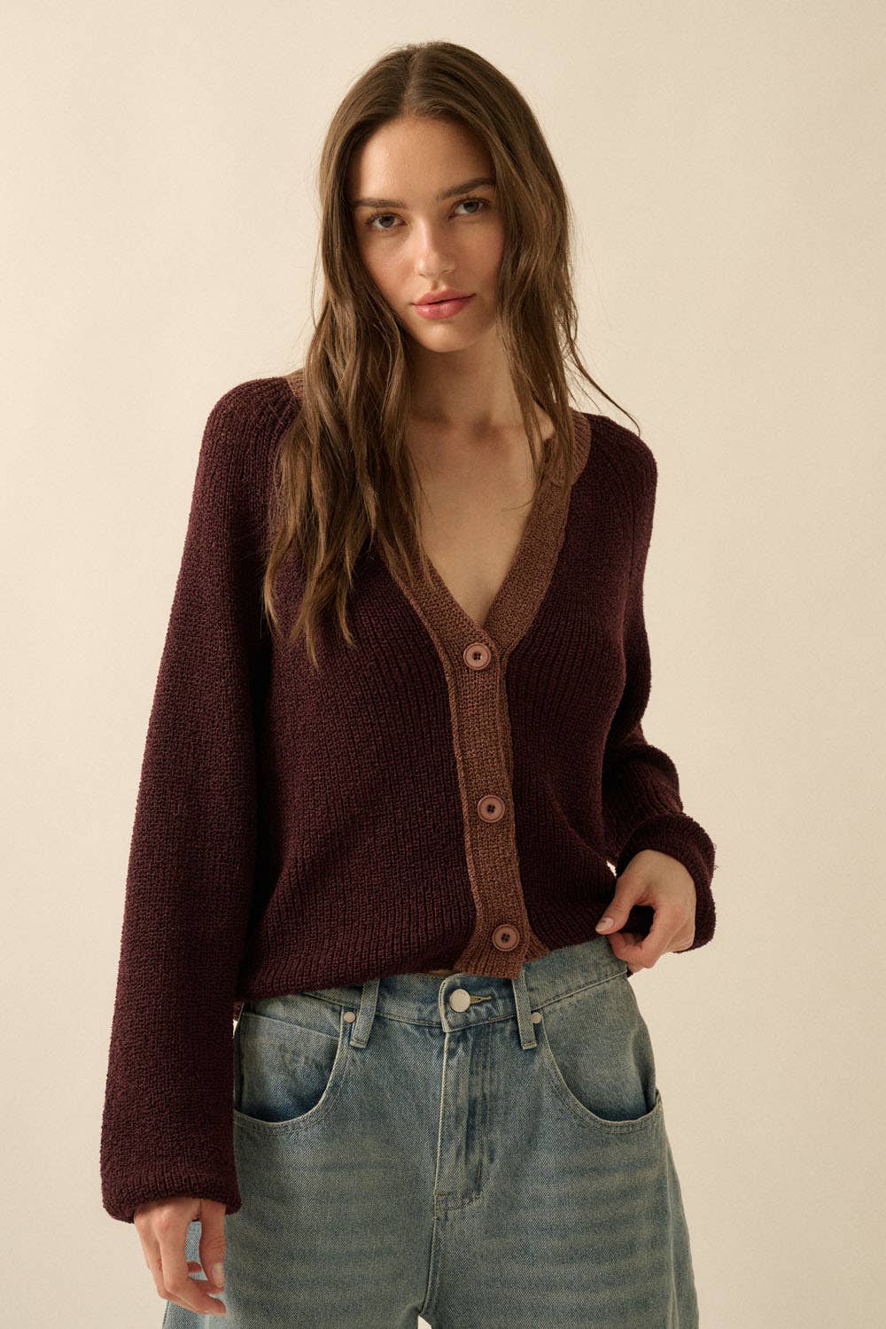 Ribbed Knit Contrast Cardigan Sweater