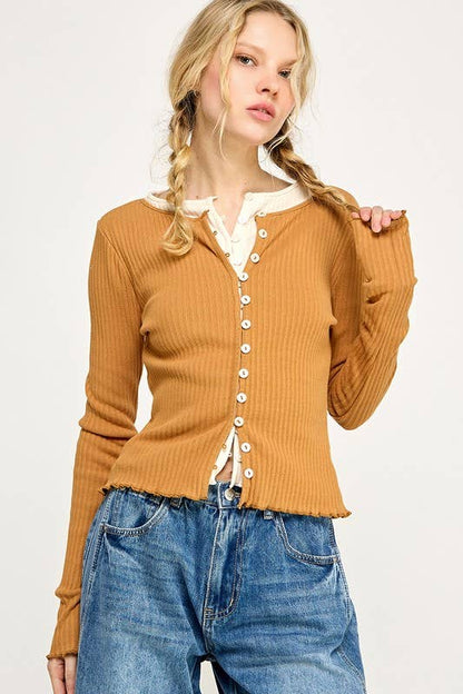 Ribbed Stretch Long Sleeve Button Up